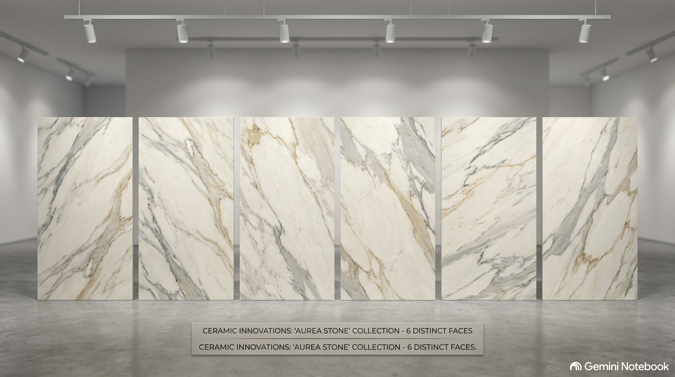 שישה לוחות פורצלן דמוי שיש מקולקציית Aurea Stone — שישה דגמי פנים