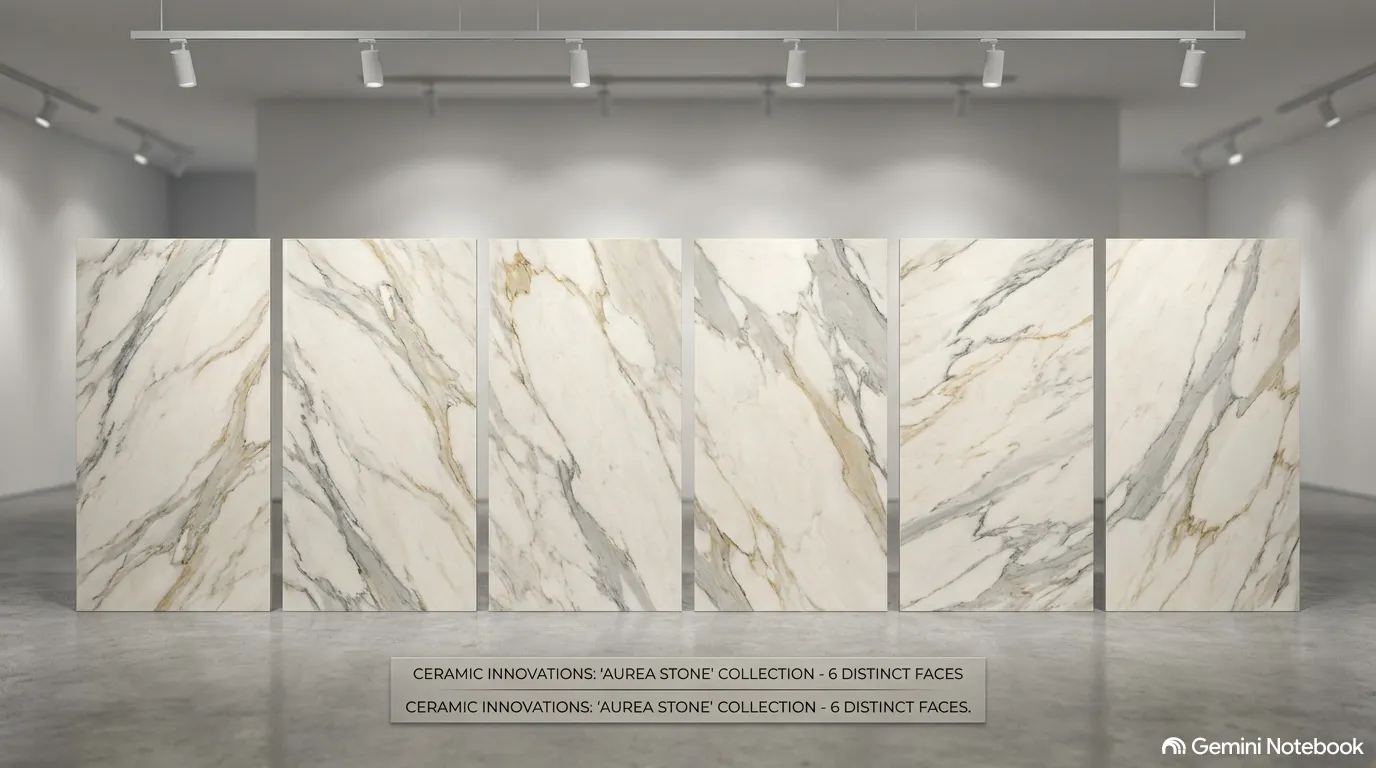 שישה לוחות פורצלן דמוי שיש מקולקציית Aurea Stone — שישה דגמי פנים